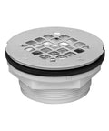 2 Inch PVC No-Calk Shower Drain With Stainless Steel Strainer, Preformed Shower Stall Base Compatible, Universal 4 And A Quarter Inch Round Snap-Tite Strainer, Mechanical Over 2 Inch PVC Pipe With Compression Gasket, Slab Construction up close