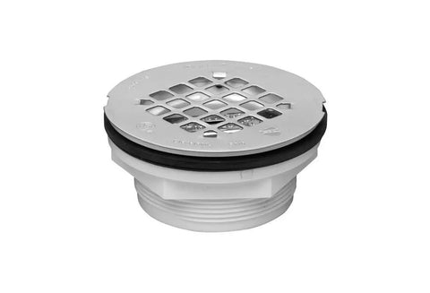 2 Inch PVC No-Calk Shower Drain With Stainless Steel Strainer, Preformed Shower Stall Base Compatible, Universal 4 And A Quarter Inch Round Snap-Tite Strainer, Mechanical Over 2 Inch PVC Pipe With Compression Gasket, Slab Construction up close