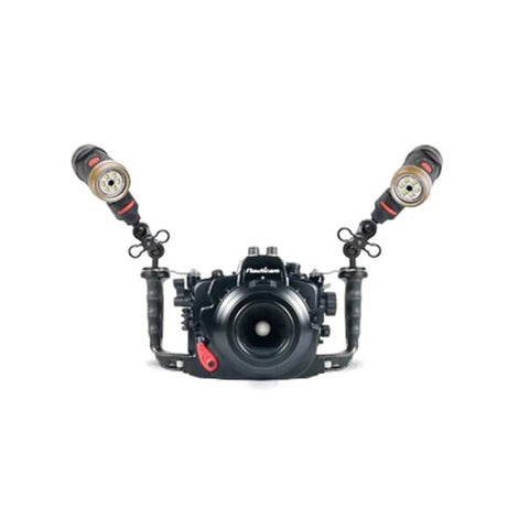 Underwater camera setup with Flex Connect Ball Joint Adapter for Sea Dragon lights 1 inch and 25mm mount, providing stability.