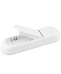 Grab-And-Go Portable Anti-Open Door Lock in white ABS and PC, shown open with one-touch release for easy travel security.