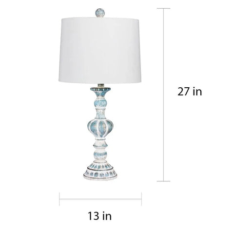 Must Have Pair Of 26.5 Inch Distressed Candlestick Resin Table Lamps In Cottage Antique Blue With Designer White Shade And Rotary Switch 2 Piece Set By Fangio Lighting