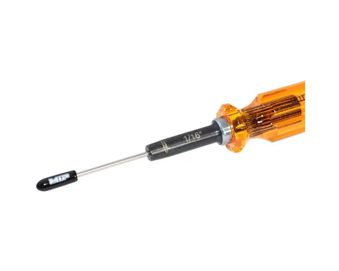 One Sixteenth Inch Hex Screwdriver Kit for RC Cars, Drones, Quadcopters, and Helis shown with precision amber handle