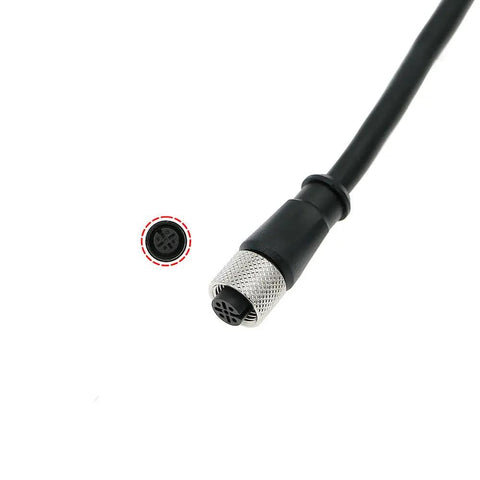 Rock Solid M12 A Code Three Pin Female To Female Sensor Cable Fifteen Meter end connector with metal shell and plastic base.