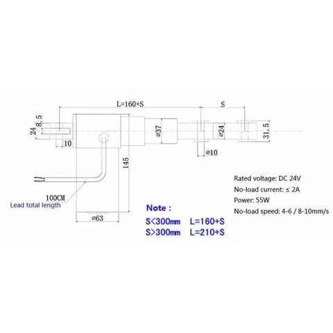 Technical diagram of Rugged Heavy Duty Electric Linear Actuator With 50 To 1200mm Stroke DC12V Or DC24V Motors, labeled dimensions
