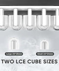 Countertop DUMOS ice maker with six bullet ice cubes; shows two sizes: large 25×26mm and small 22×24mm