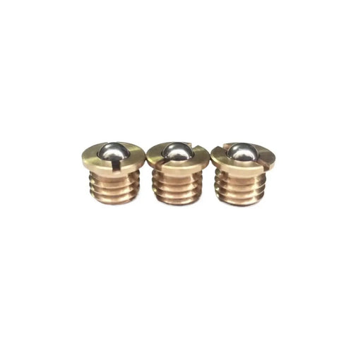 Built Tough Brass Flange Spring Ball Plungers Paired With Press Fit Wave Screws M4 Through M16 three brass plungers close-up.