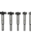 Five-piece steel woodworking drill bit set for hinge boring; sizes 15, 20, 25, 30, 35 mm.