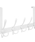 White metal over-the-door hook rack with five hooks.