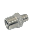 Half Inch To Quarter Inch Stainless Steel NPT Reducing Nipple Fitting Hex Reducer, Male Threads On Both Ends, SS304 Plumbing Adapter For Pipe Size Change, Heavy Duty, 150 PSI At 70 F, Rust And Corrosion Resistant, side view