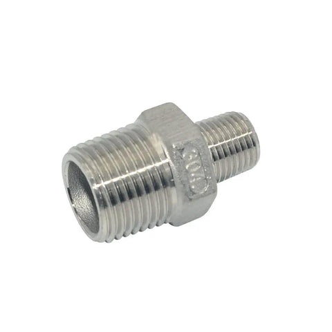 Half Inch To Quarter Inch Stainless Steel NPT Reducing Nipple Fitting Hex Reducer, Male Threads On Both Ends, SS304 Plumbing Adapter For Pipe Size Change, Heavy Duty, 150 PSI At 70 F, Rust And Corrosion Resistant, side view