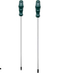 Heavy Duty 12 Inch Extra Long Torx Screwdriver Set T20 And T25 with green ergonomic handles and long CR-V steel shafts.