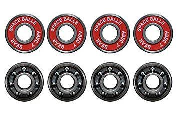 Front view of eight BEAR Spaceballs 8mm bearings with red shields and black inner races