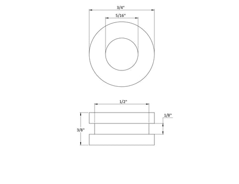 Dimensions of Pack Of Four Rock Solid Rubber Grommets With Five Sixteenths Inch Bore And Three Quarter Outer Profile.