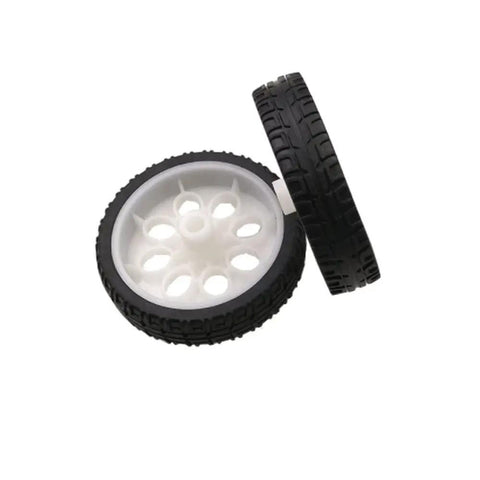 Four 65mm Rubber RC Wheel Set For DIY Models, Robots, And Small RC Cars, White And Black, Durable Car Wheel Tires, close-up view