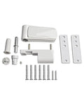 Components of Aluminum 3D Adjustable Door Flag Hinge With Mute Buffer, Silent Close, White Finish including screws and plates.