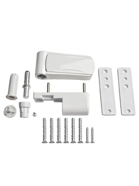 Components of Aluminum 3D Adjustable Door Flag Hinge With Mute Buffer, Silent Close, White Finish including screws and plates.