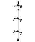 Three Bike Vertical Storage Rack, Floor To Ceiling Freestanding Hanger With 360 Degree Adjustable Hooks shown freestanding on white