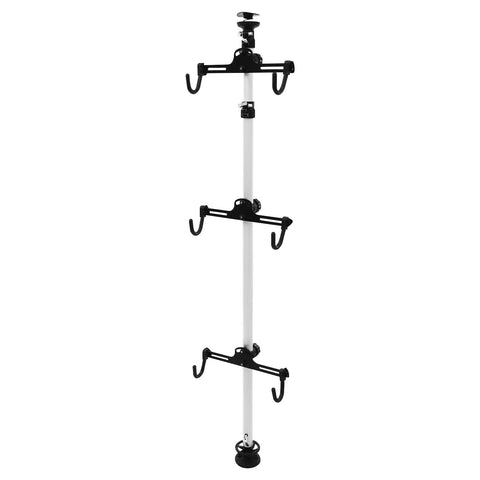 Three Bike Vertical Storage Rack, Floor To Ceiling Freestanding Hanger With 360 Degree Adjustable Hooks shown freestanding on white
