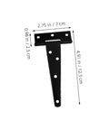 8-Pack 5-Inch Black Galvanized Steel T-Hinges Weld-On Small Door Hinges for Exterior Doors, Sheds, and Mobile Homes, shown with dimensions.