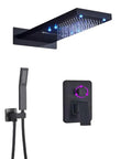 Slick Matte Black Shower System Featuring Rectangle LED Rainfall Head Wall Mount Bathroom Faucet Hardware Kit with diverter.