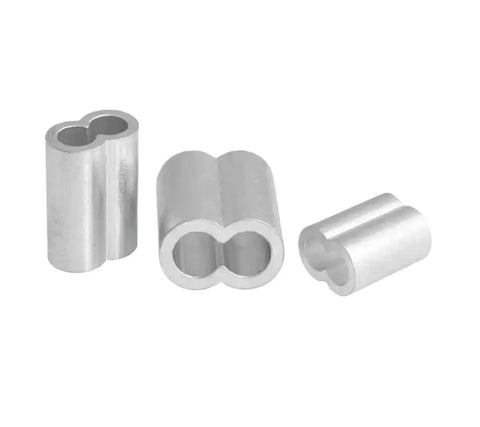 Heavy Duty Aluminum Wire Rope Ferrules With Double Hole Oval Shape for secure cable fastening, featuring multiple sizes in a pack.