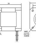 Dimension diagram of a NEMA 17 bipolar stepper motor with front and side views, mounting holes and shaft