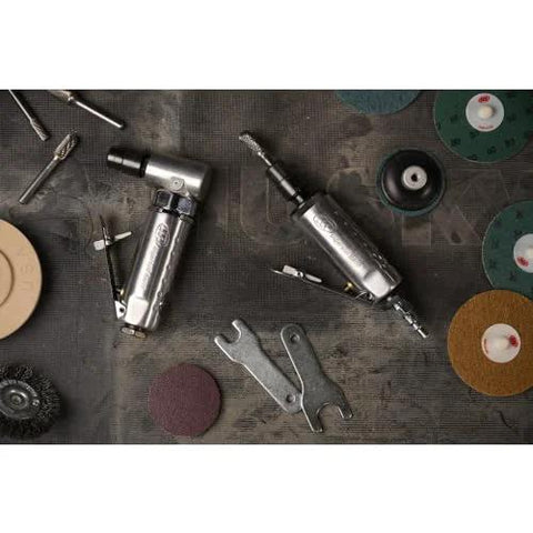 Front view of two silver Ingersoll Rand 301B 1/4-inch right-angle air die grinders on a workbench.