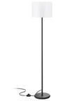 Black metal floor lamp with white shade, 60-inch height, foot pedal switch, corded base