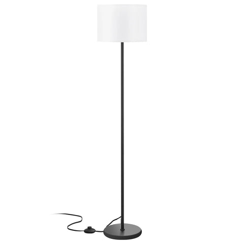 Black metal floor lamp with white shade, 60-inch height, foot pedal switch, corded base