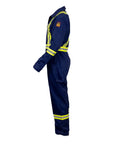 Side view of Flame Resistant Hi Vis Coverall For The Jobsite Navy Blue 88 Cotton 12 Nylon Twill 7 Oz Arc Flash Safe 12 Cal Per Cm2 ATPV NFPA 2112 HRC 2 Size Small Pro