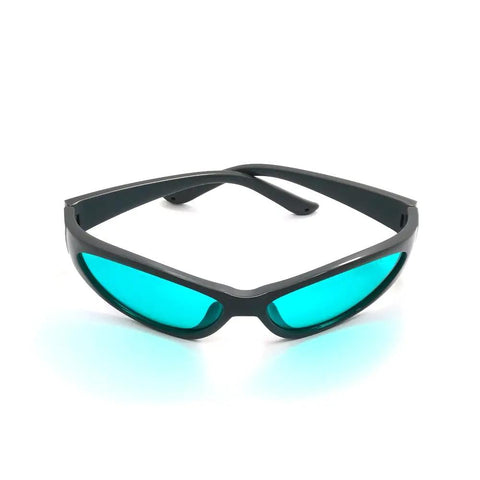 Pro Level Red Laser Safety Glasses With Heavy Duty OD4 Plus Protection For 635 650 694 Nanometer Ruby Lasers And Rock Solid Clear Lens Guard For Night Crews in black frame with teal lenses.