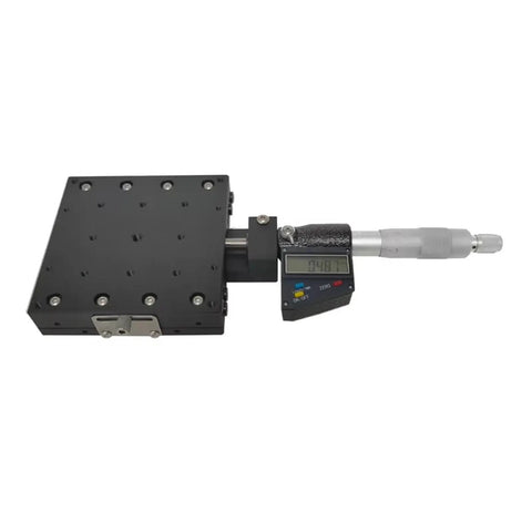 Premium Manual Linear Stage With Digital Readout For Precise X Axis Translation And Rugged Aluminum Construction, top view with measurement display.