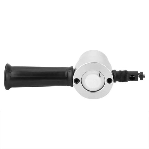 Side view of Double Head Sheet Metal Nibbler Cutter For Drill Attachment with black grip handle, ideal for cutting stainless steel, aluminum.