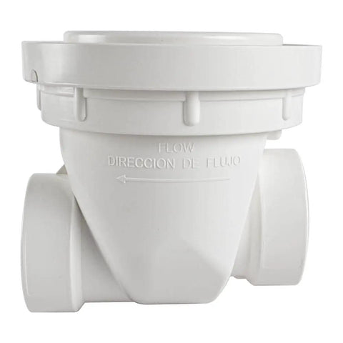 Side view of PVC Backwater Valve 1-1/2 Inch For Home Plumbing Backflow Prevention with Easy Slip Connection, white and compact.