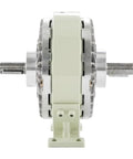 Side view of QOPIUYTRE magnetic powder clutch brake with base; cream housing and metal frame with dual shafts.