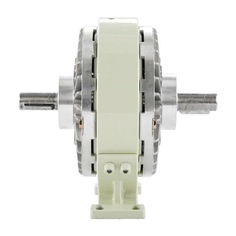 Side view of QOPIUYTRE magnetic powder clutch brake with base; cream housing and metal frame with dual shafts.