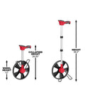 Built Different 12 Inch Digital Measuring Wheel Featuring Smooth Rubber Treader And Sturdy Spoked Frame displayed in collapsed and extended heights.
