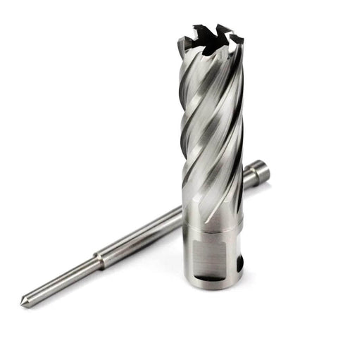 Oscarbide annular cutter and pilot rod; two-piece, 3/4 in dia, 2 in depth; Weldon shank with two flats for magnetic drill