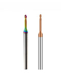 Premium HRC55 Carbide Ball End Mill 2 Flute With Extra Long Nose For CNC Finishing And Woodworking, rainbow and copper coated.