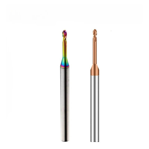 Premium HRC55 Carbide Ball End Mill 2 Flute With Extra Long Nose For CNC Finishing And Woodworking, rainbow and copper coated.