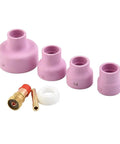 Top Tier 7 Piece Tig Welding Torch Accessory Kit With Stubby Gas Lens Adapter For Wp17 Wp18 And Wp26 Torches showing various sizes of ceramic cups and adapters.