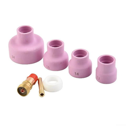 Top Tier 7 Piece Tig Welding Torch Accessory Kit With Stubby Gas Lens Adapter For Wp17 Wp18 And Wp26 Torches showing various sizes of ceramic cups and adapters.