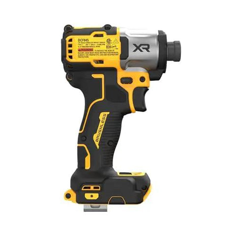 Side view of 20V Max XR Brushless Impact Driver With One Quarter Inch Hex High Torque 3 Speed LED Work Light Extended Runtime Cordless Tool Only 1825 In Lbs Torque And 3400 RPM