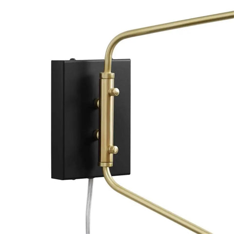 Close-up of 2 Light Swing Arm Wall Sconce That Can Plug In Or Be Hardwired E26 Base 40W Max Per Bulb with brass and black finish.
