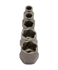 Bolt Extractor Set 5 Piece Kit with reverse spiral flutes for removing rounded, rusted bolts, high-carbon steel durability.