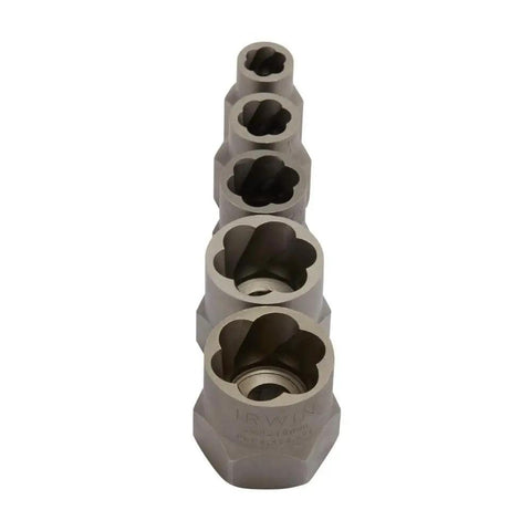 Bolt Extractor Set 5 Piece Kit with reverse spiral flutes for removing rounded, rusted bolts, high-carbon steel durability.