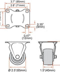 Diagram showing dimensions of 2.5 Inch Heavy Duty Polyurethane Caster Wheels Pack Of 4, Solid Core Low Profile Design, 2000 Lb Capacity.