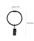 Close-up of black metal curtain ring with clip, measuring 4.5cm wide and 7cm long, part of 10 Pack Metal Curtain Rings With Clips Rustproof Hanging Curtain Hooks For Drapes No Fuss Easy Glide Clip Rings For Smooth Drapery Installation And Modern Home Decor