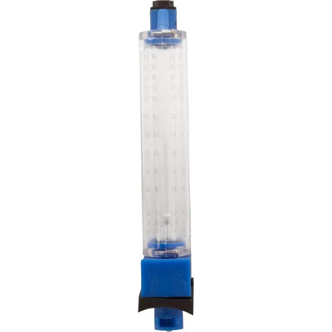 Top Mount Flowmeter For 2 Inch PVC Pipe, 40 To 140 GPM Range, shown vertically with blue attachments, designed for residential pool systems