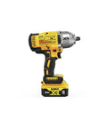 Cordless 20V Max XR Half Inch High Torque Impact Wrench Kit with Hog Ring Anvil, yellow and black tool shown side view.